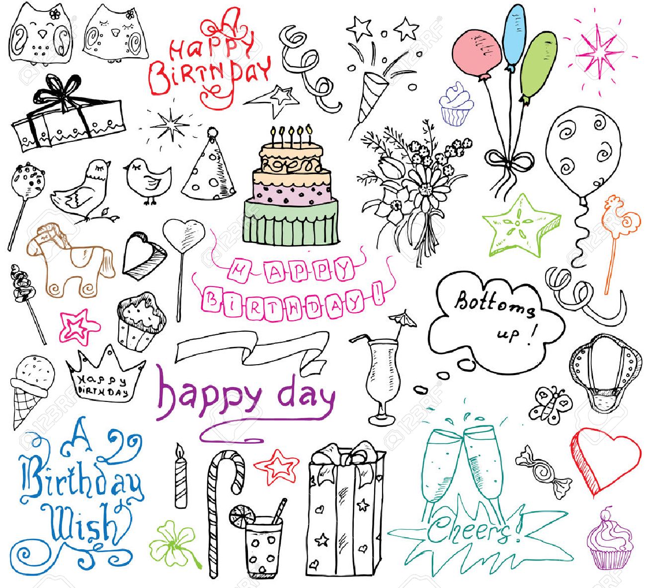 1300x1182 Birthday Elements. Hand Drawn Set With Birthday Cake, Balloons