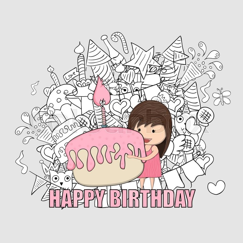 800x800 Girl With Birthday Cupcake Background Happy Birthday Doodles