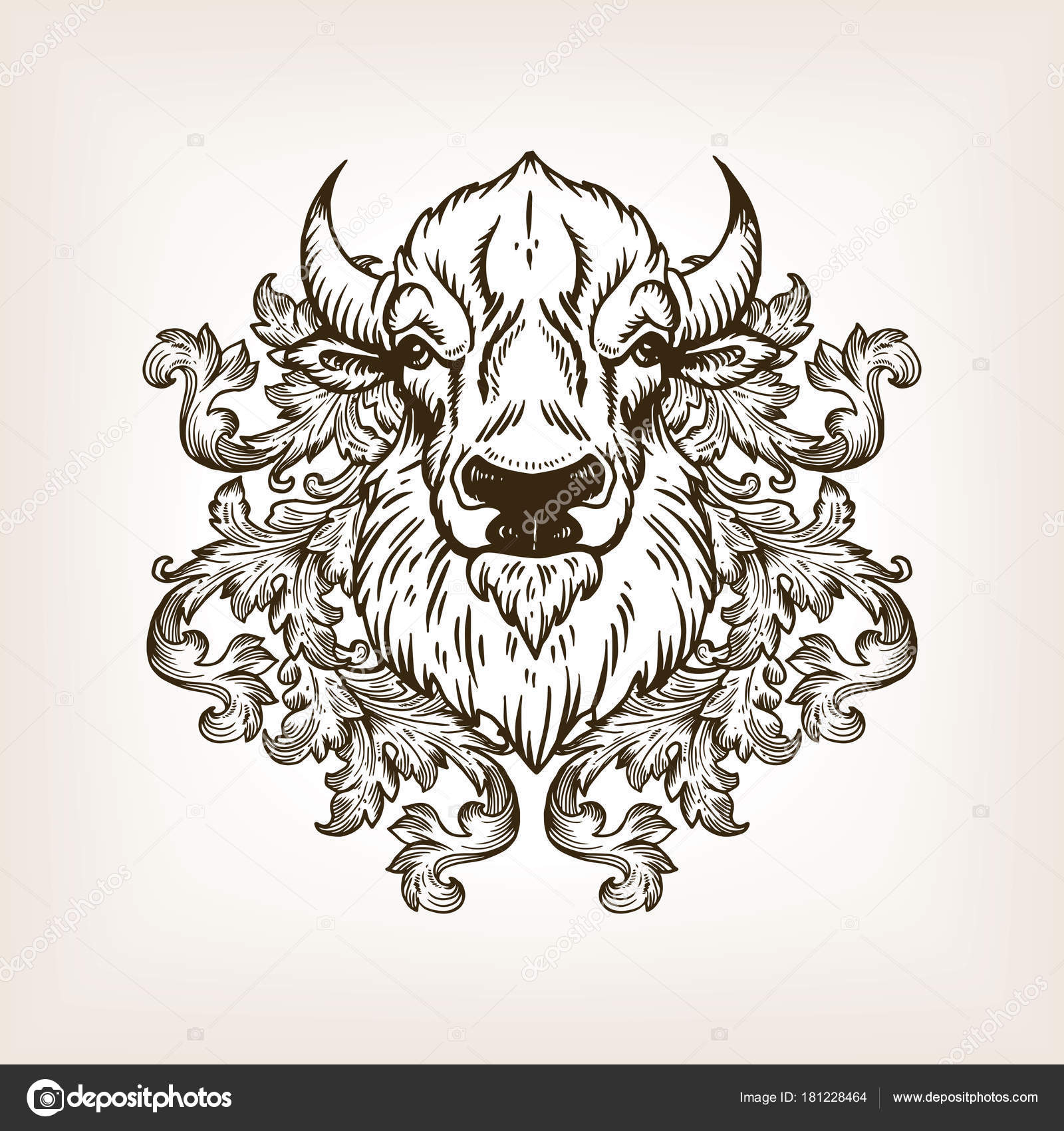 1600x1700 Bison Head With Floral Ornament Engraving Vector Stock Vector
