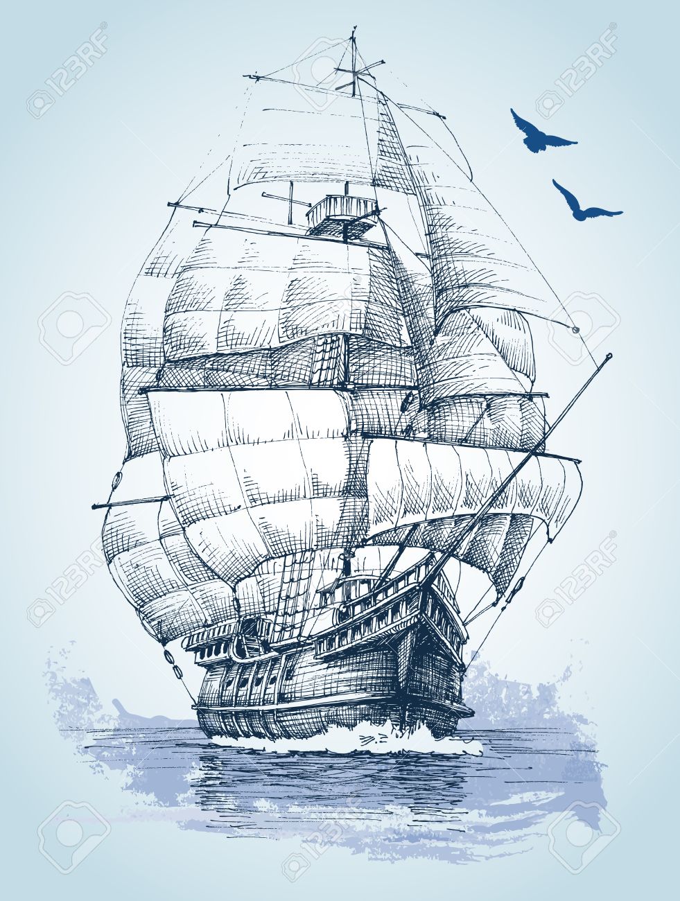981x1300 Boat On Sea Drawing. Sailboat Vector Sketch Royalty Free Cliparts