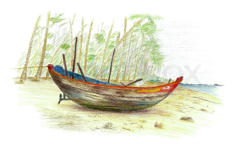800x492 Hand Drawing Fishing Boat. Drawn With Crayons Stock Photo