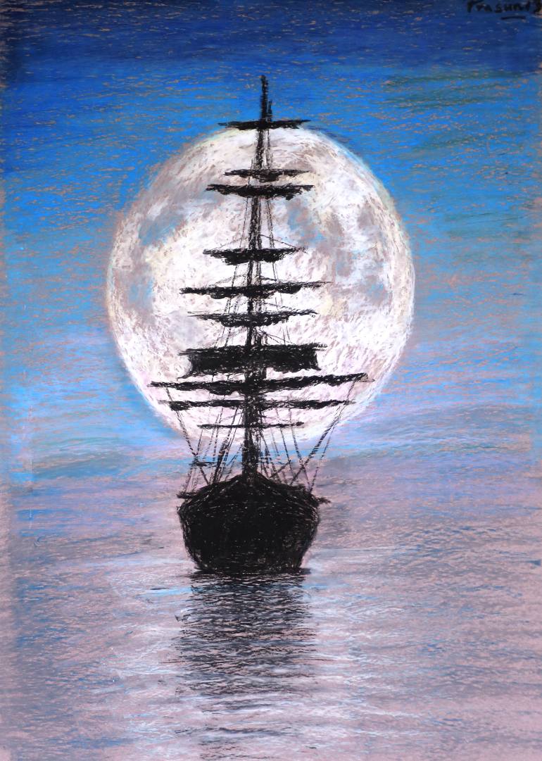 770x1081 Saatchi Art Boat In Full Moon Drawing By Prasun Roychoudhury