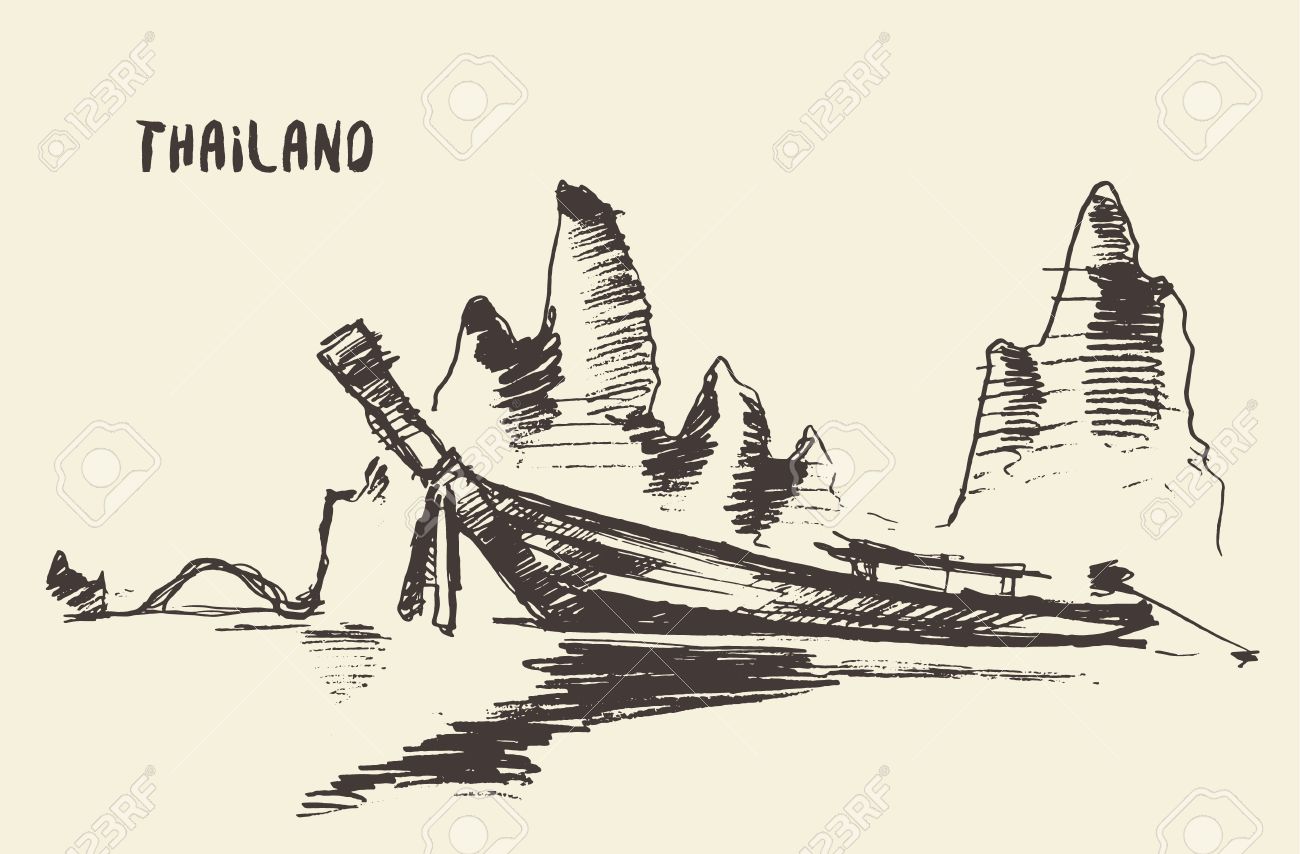 1300x854 Sketch Of Traditional Longtail Boat, Thailand. Vector Illustration