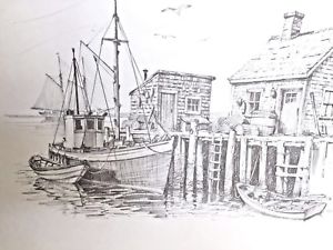 300x225 Jay Killian's Signed, Pencil Drawing Print Of Boats Docked In New