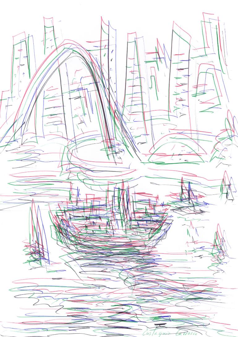 770x1090 Saatchi Art City, Big Arch, Buildings And Boats Drawing By