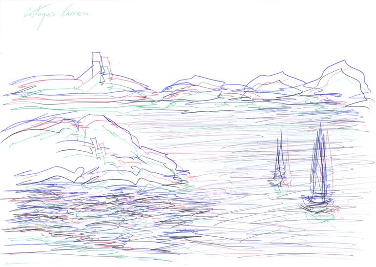 770x547 Saatchi Art Mountains, Buildings, Sea And Boats Drawing By