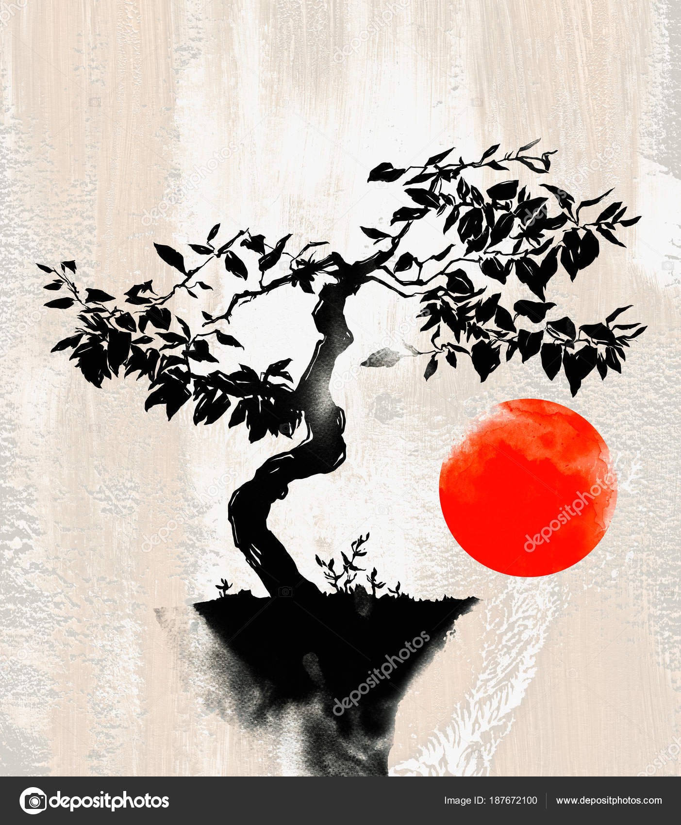 1403x1700 Japanese Bonsai Tree Digital Drawing Watercolor Texture Stock