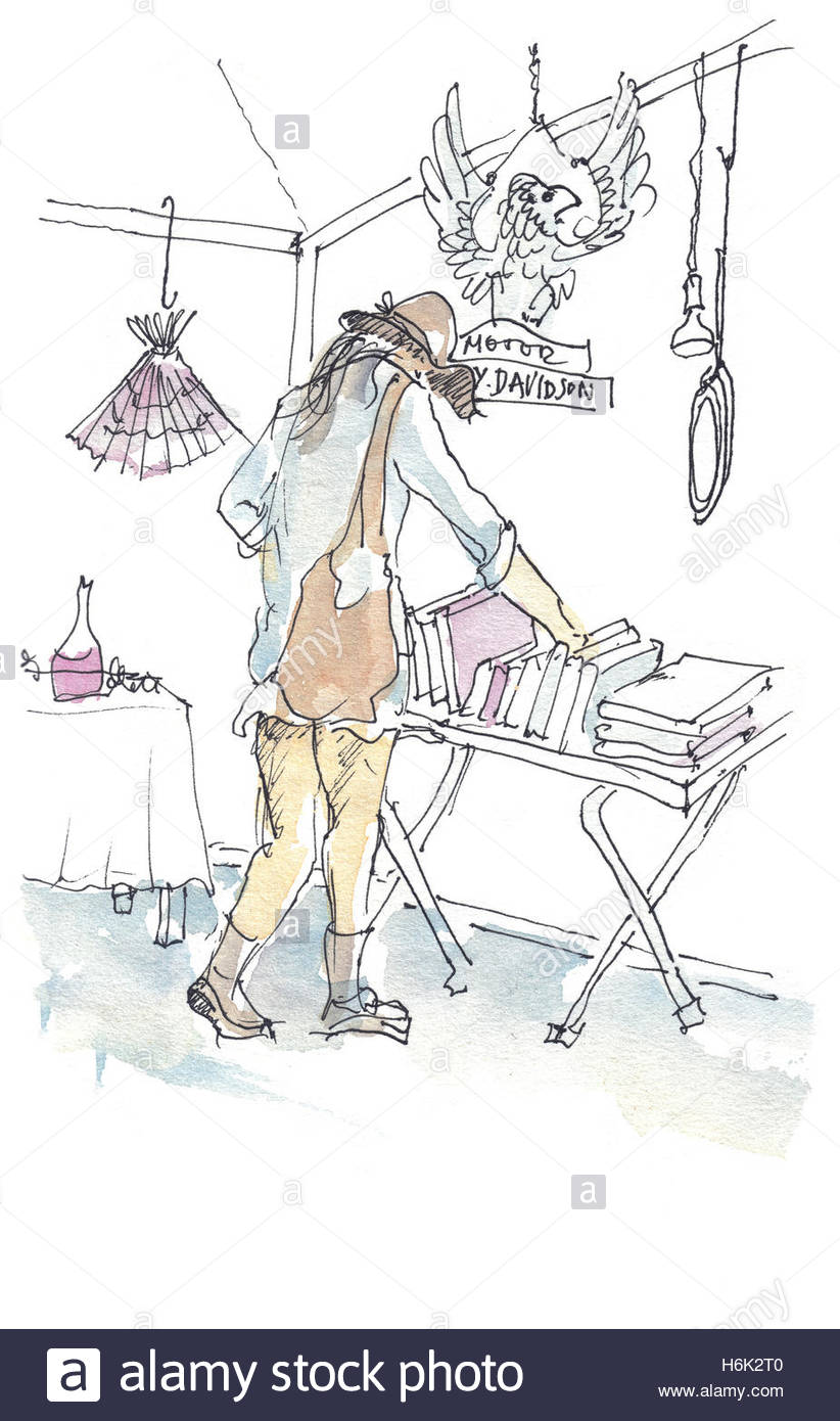 822x1390 A Watercolor Painting Of A Woman Browsing On Book Fair Of Flea