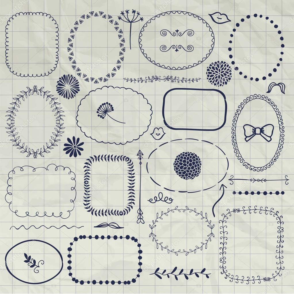 1023x1023 Vector Decorative Pen Drawing Borders, Frames, Elements Stock