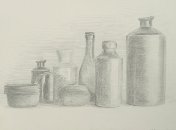 570x421 Still Life. Pencil Drawing. Bottles. Charcoal Drawing. Original