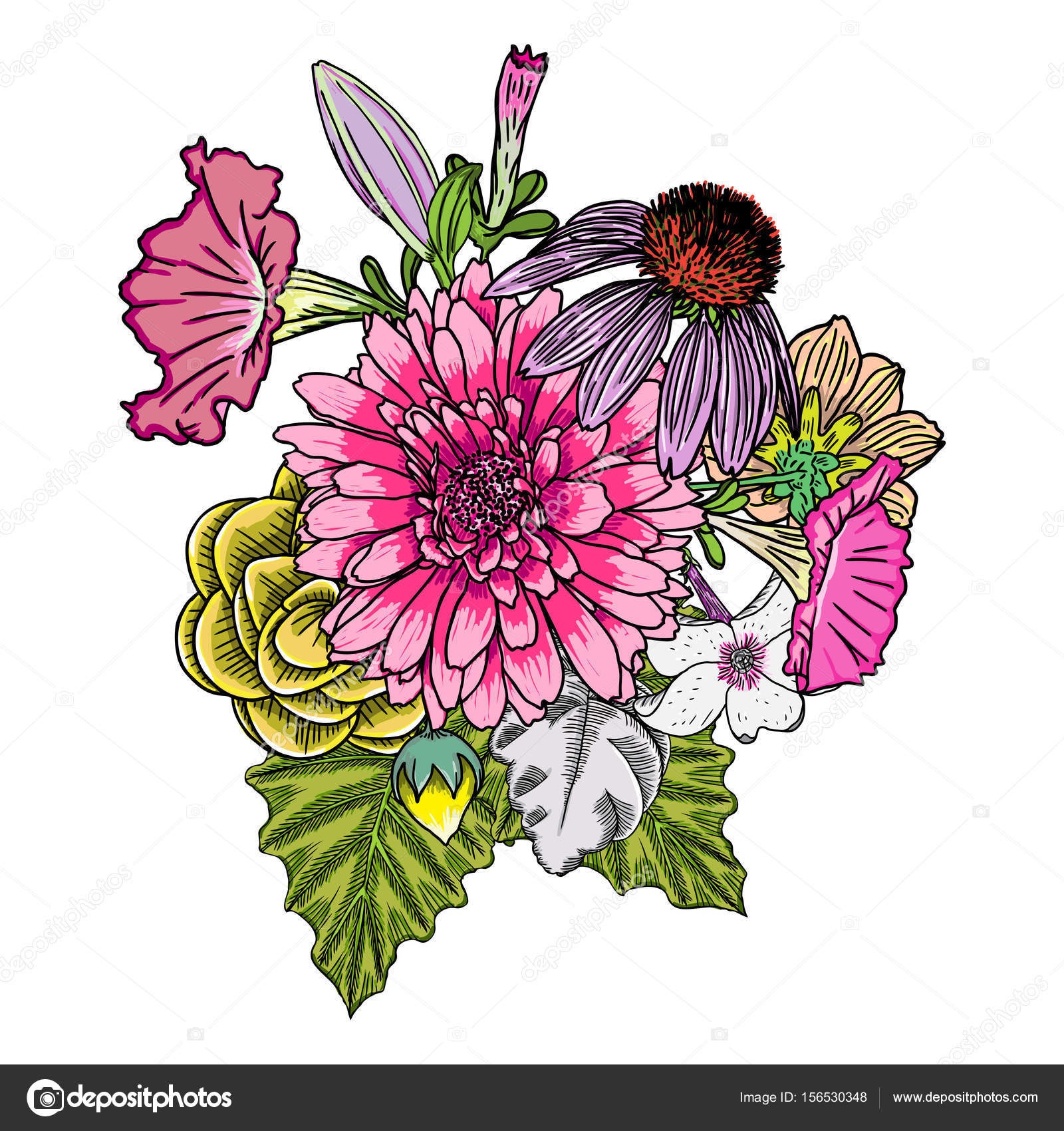 1600x1700 Vintage Garden Bouquet Drawing Stock Vector Goldenshrimp