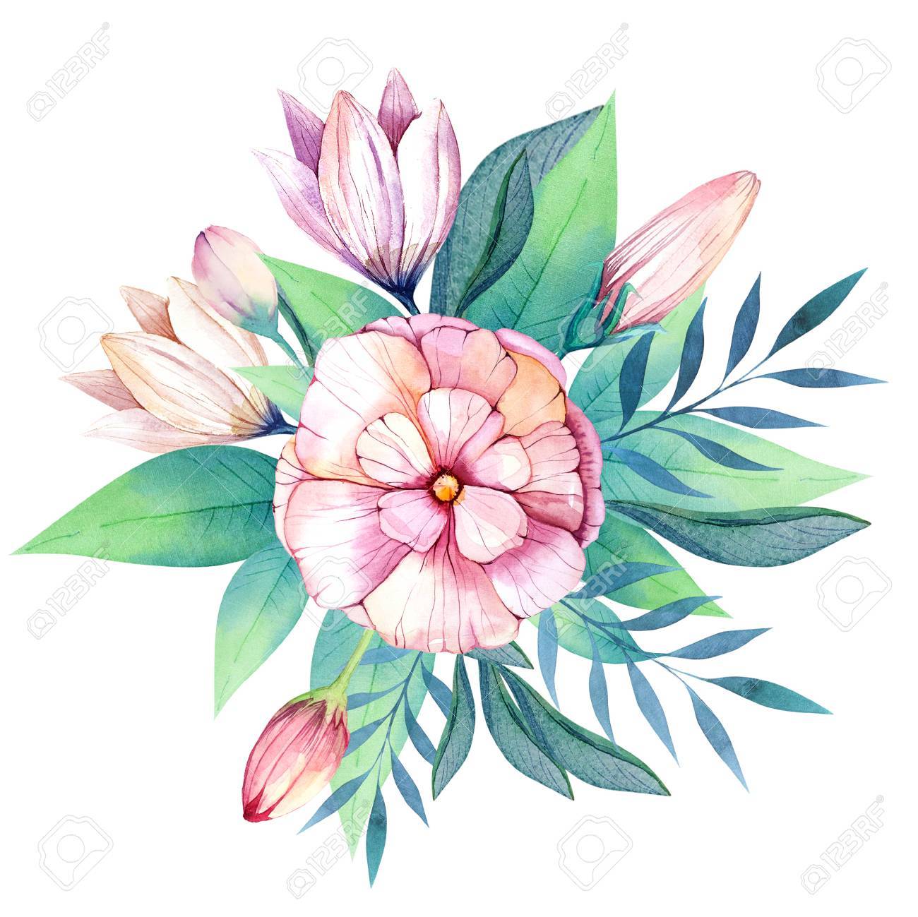 1300x1299 Flowers Set. Colorful Floral Bouquet With Leaves And Flowers