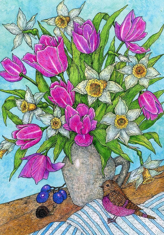 700x1000 Print Flowers, Bouquet, Bird, Still Life, Watercolor, Drawing