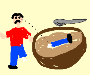 300x250 Man Sees His Missing Leg In Giant Bowl Of Soup (Drawing By Vaylana)
