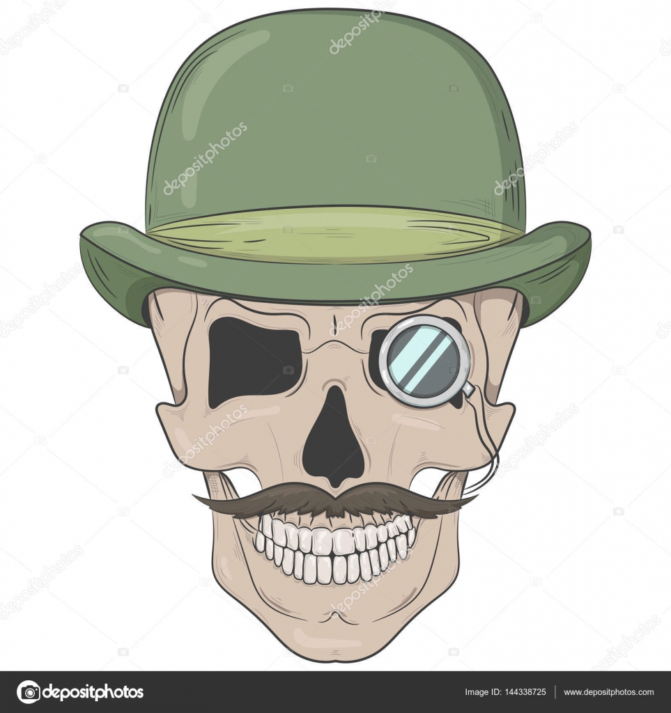 963x1024 Skull In A Bowler Hat. Gentleman Skull With A Monocle. Vector