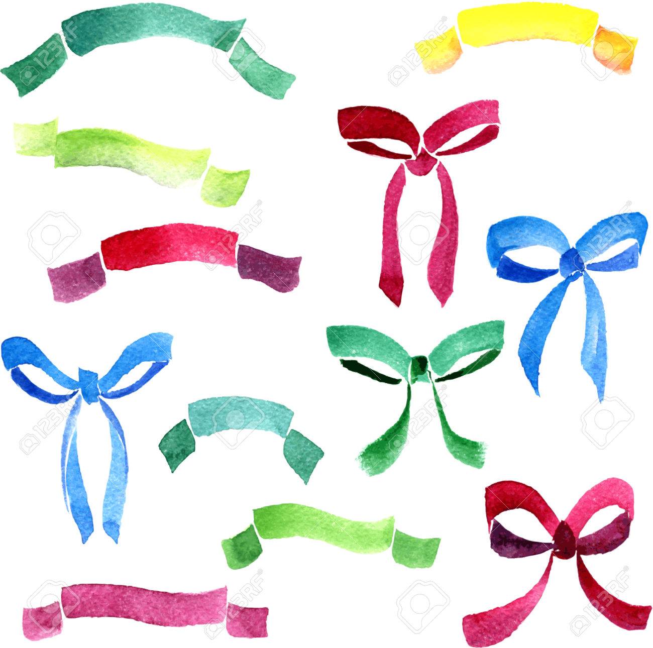 1300x1290 Set Of Watercolor Drawing Many Coloured Ribbons And Bows Drawing
