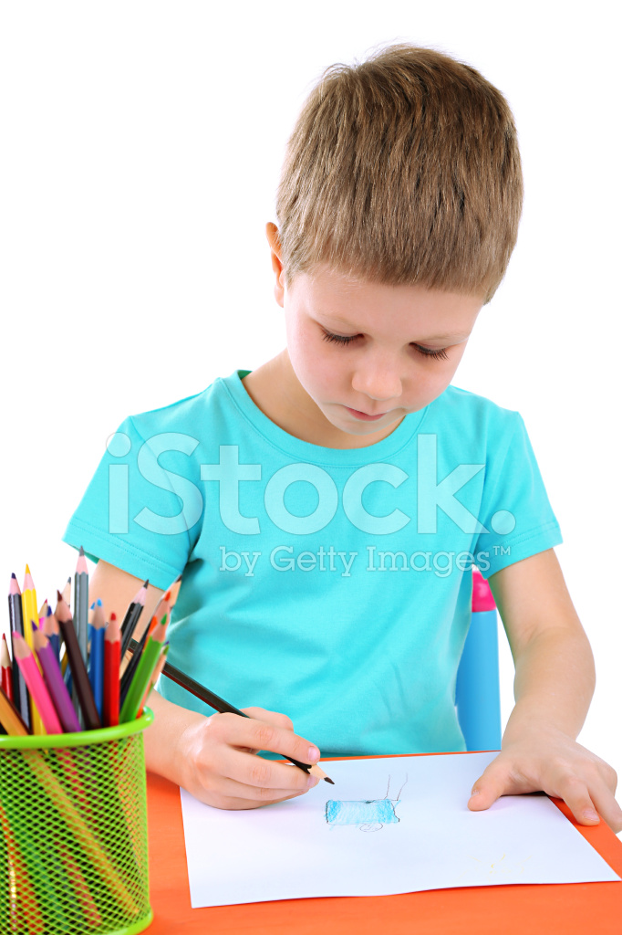 682x1024 Little Boy Drawing Isolated On White Stock Photos