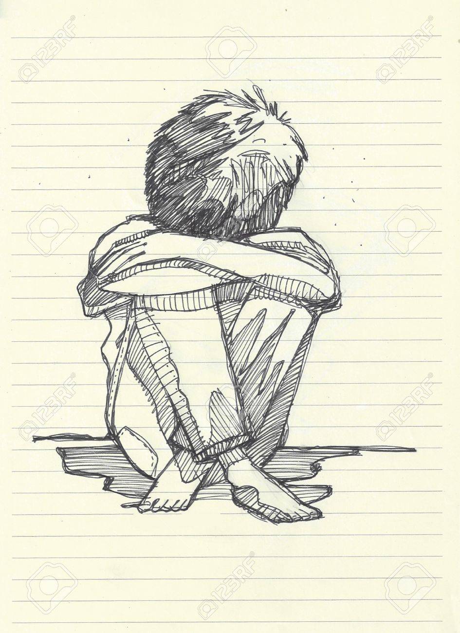 945x1300 Hand Drawn Illistration Of A Barefoot Boy Sitting Lonely Stock