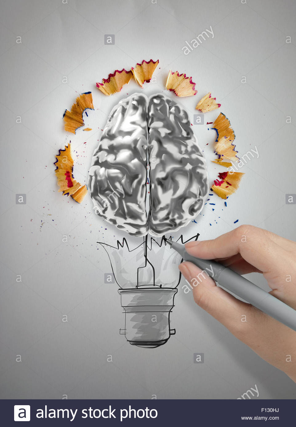 962x1390 Hand Drawing Light Bulb With Pencil Saw Dust And 3d Brain Icon