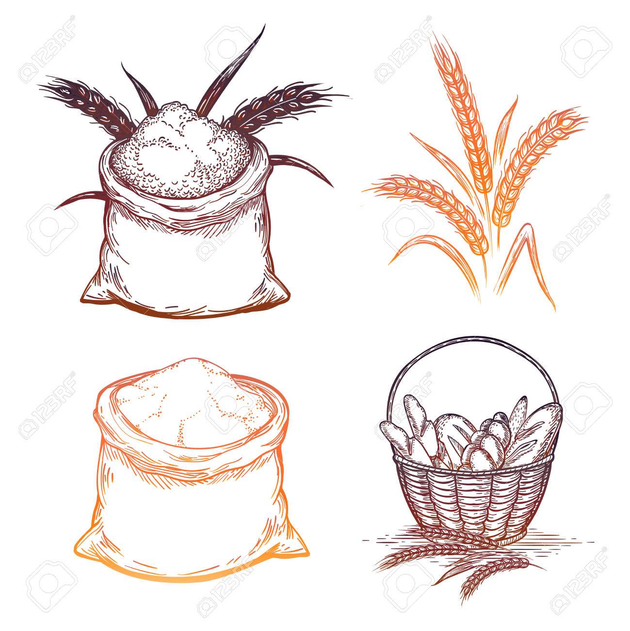 1299x1300 Colorful Bakery Elements. Vector Bread Basket, Whole Bag Of Flour