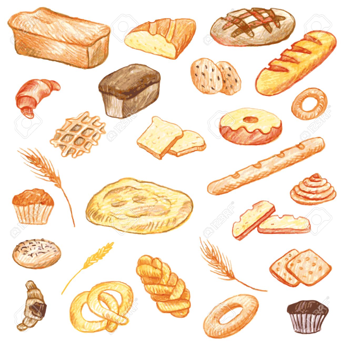 1300x1300 Vector Set Of Food Drawing By Color Pencil, Doodle Bread