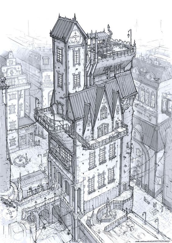 564x797 Old Building Sketch, Line Drawing, Black White, Stone