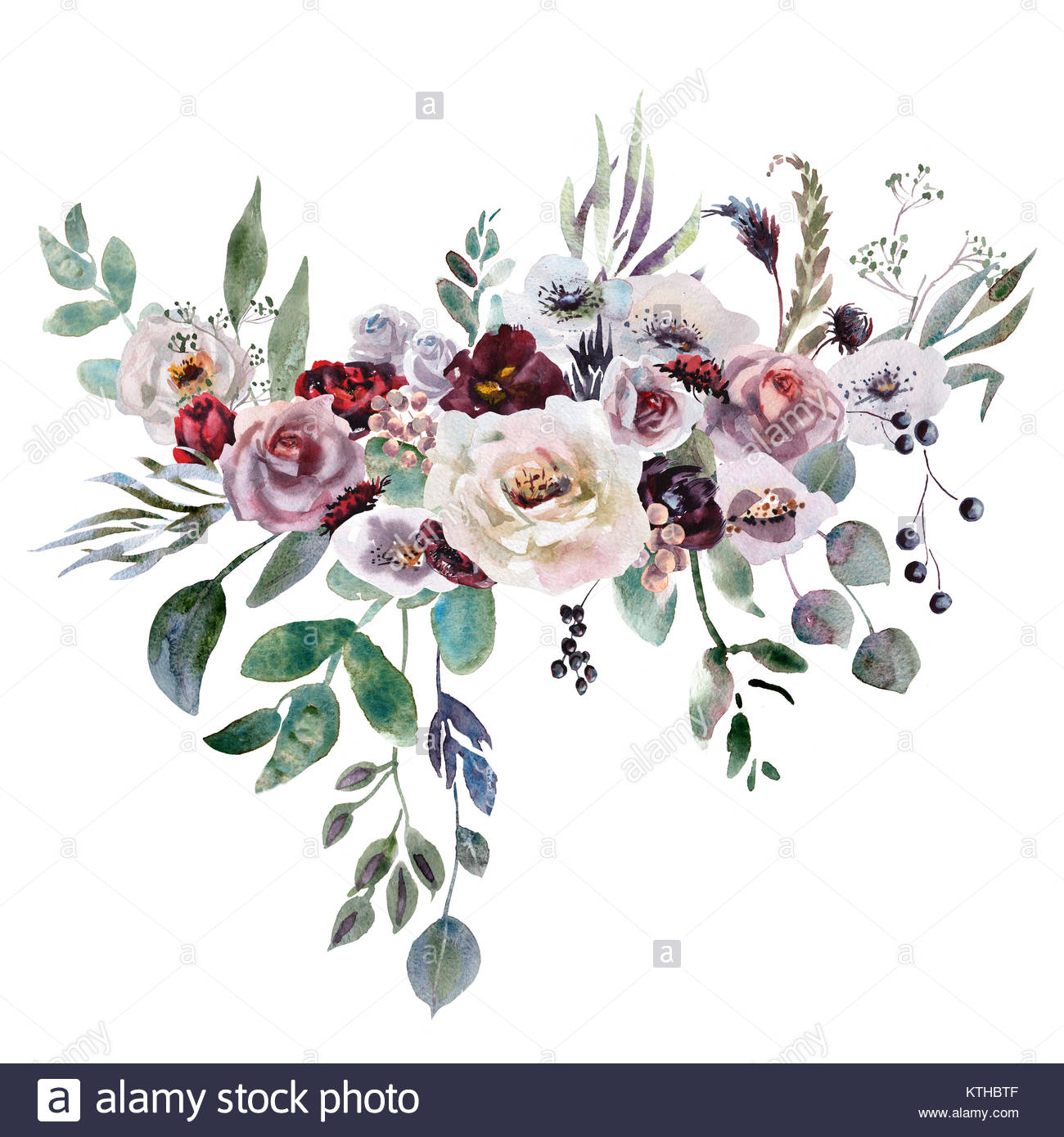 1300x1390 Hand Drawing Watercolor Wedding Bridal Bouquet. Green And Purple