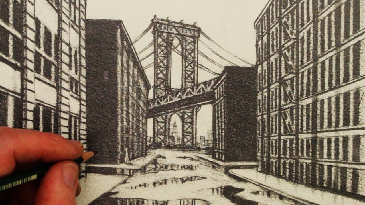 1280x720 How To Draw 1 Point Perspective A View Of Manhattan Bridge