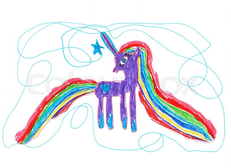 800x582 Color Child's Drawing Drawn With Markers. Bright Pony On A White
