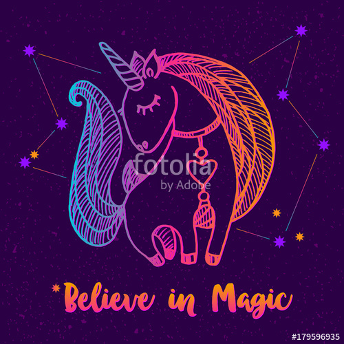 500x500 Unicorn Drawing. Bright Outlined Drawing On Dark Background