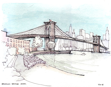 470x367 Drawing Of Brooklyn Bridge Over River Architecture Posters