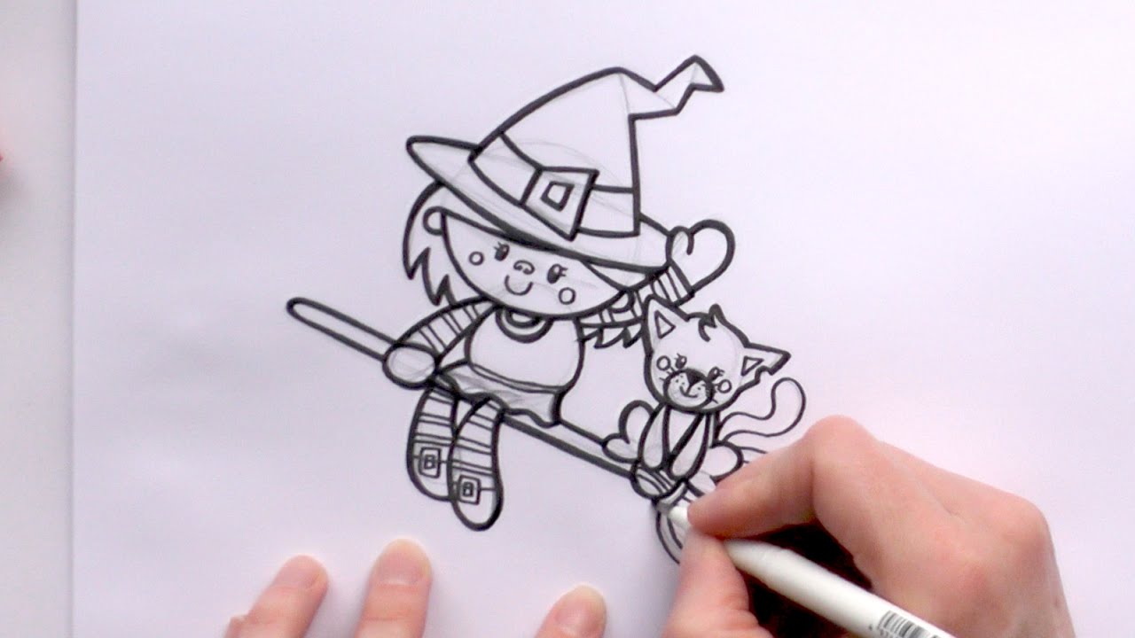 1280x720 How To Draw A Cartoon Witch And A Cat On A Broomstick