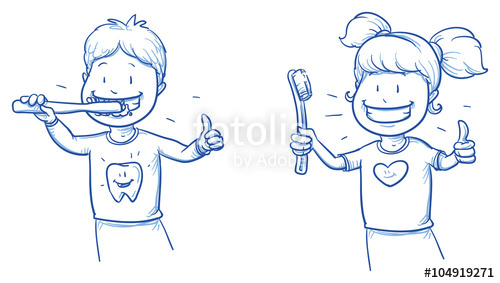 500x283 Two Cute Cartoon Kids, Brushing Their Teeth. Hand Drawn Line Art