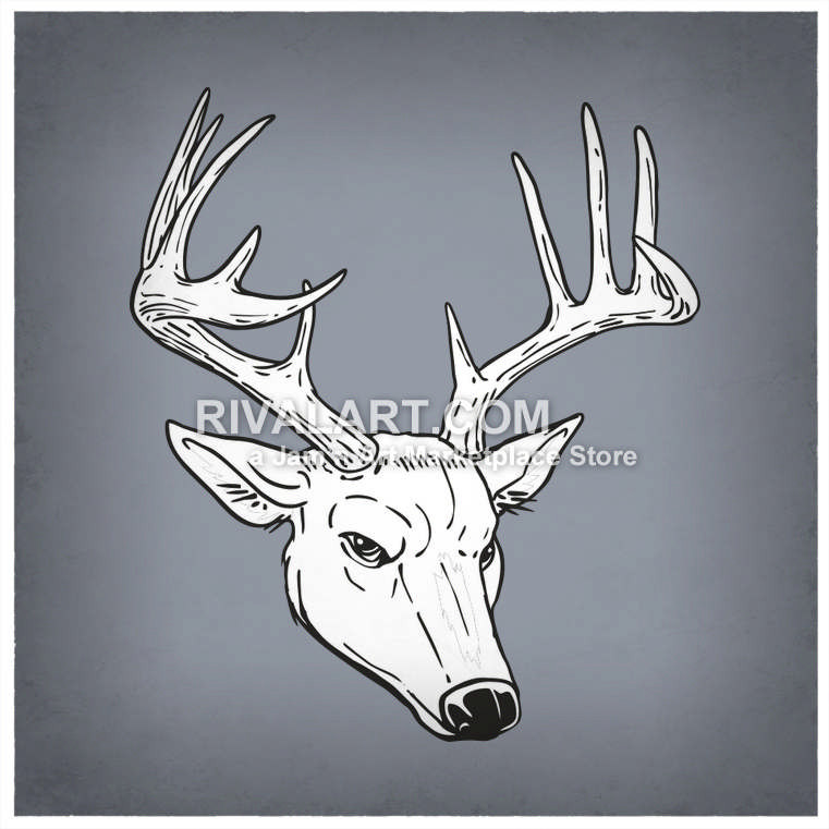 761x761 Black White Buck Head Deer 12 Point Hunting Hunter Graphic Digital
