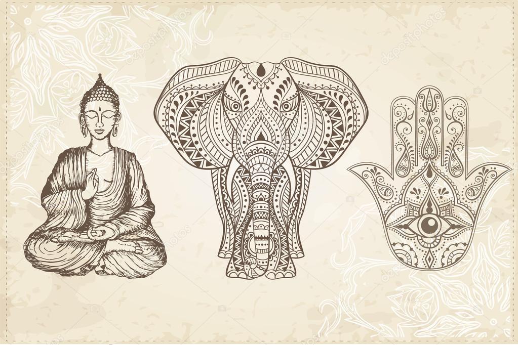 1023x682 Indian Hamsa, Elephant, And Buddha Stock Vector Fafarumba