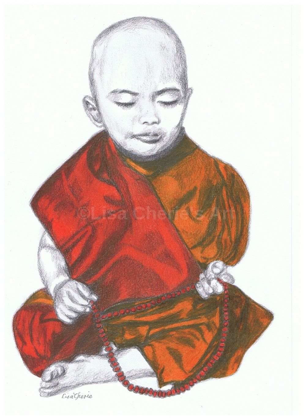 1000x1375 Monk Child With Mala Beads Original Portrait Drawing, Nursery Art