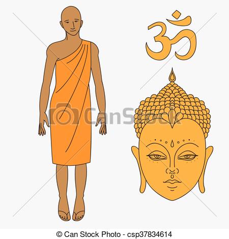 450x470 Outline Buddhist Monk, Head Of Buddha. Om Sign. Isolated Vector