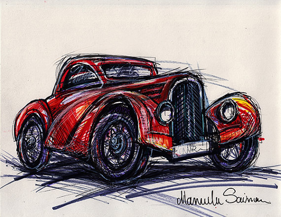 570x439 Classic Car Sketch Old Bugatti Wall Art Old Car Drawing