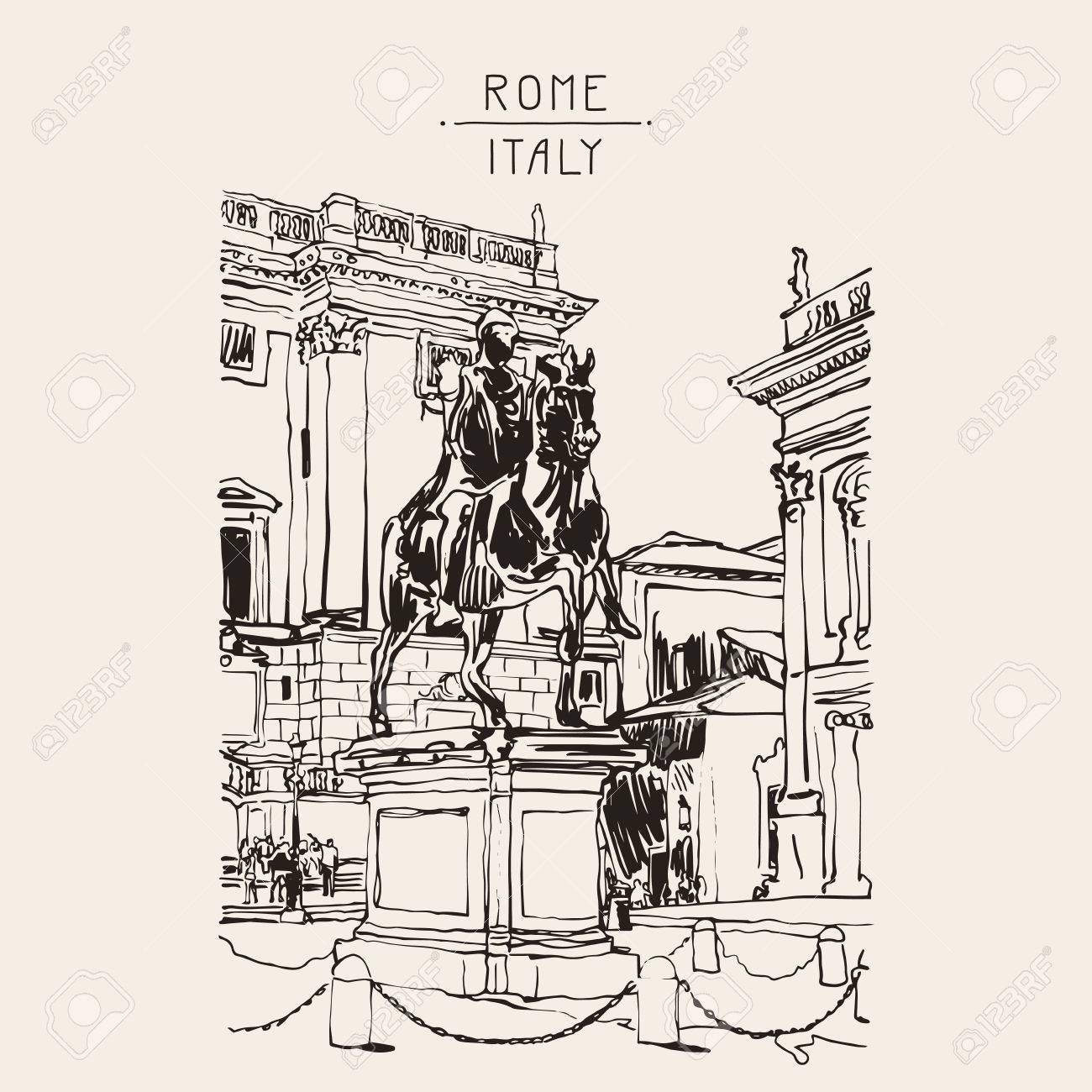 1300x1300 Sketch Digital Drawing Of Rome Italy Cityscape With Sculpture