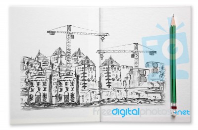 400x262 Building Construction Sketching By Pencil On White Book Stock