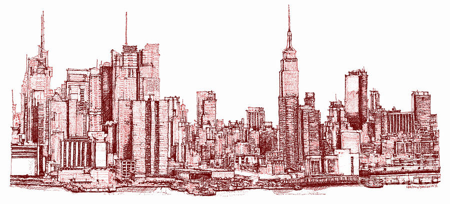 900x409 New York Maroon Ink Drawing By Building Art
