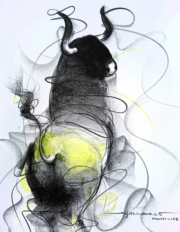 690x890 Bull Drawing 601 By Artist Sujith Kumar Gs Mandya Impressionism