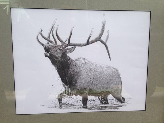 570x427 Bull Elk Bugling In River Original Pointillism Drawing Bull