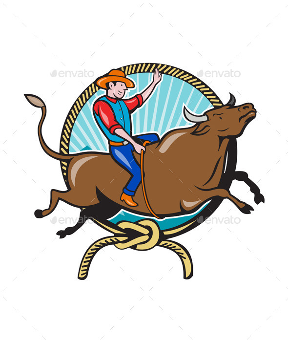 590x700 Rodeo Cowboy Bull Riding Lasso Cartoon By Patrimonio Graphicriver