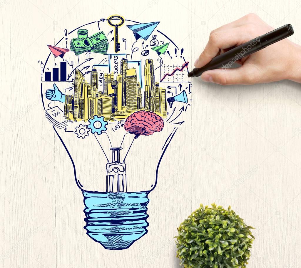 1024x910 Hand Drawing Creative Colorful Business Sketch Inside Light Bulb
