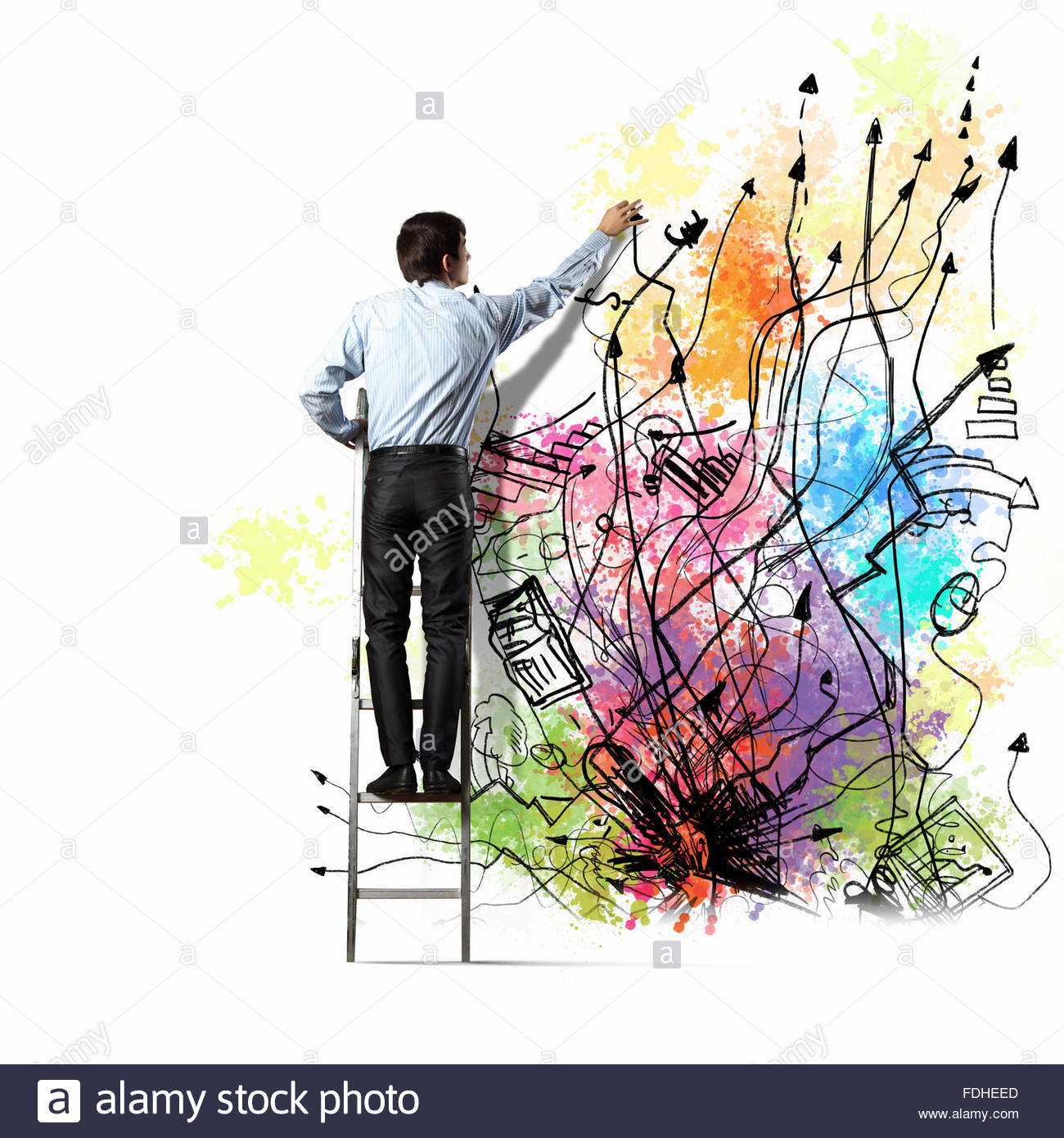 1300x1390 Back View Of Businessman Drawing Colorful Business Ideas On Wall