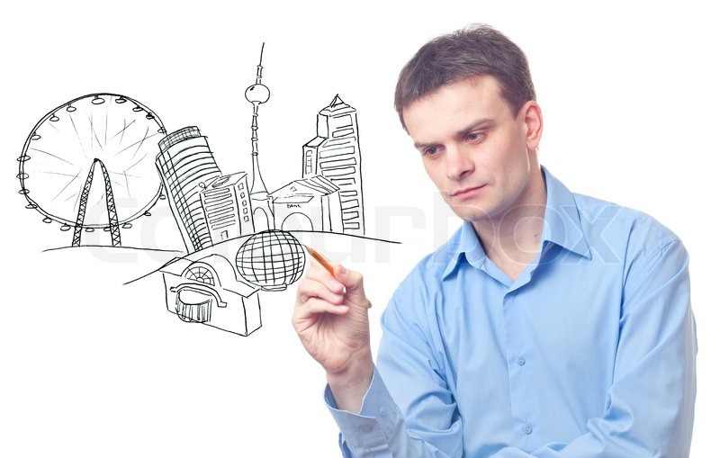 800x509 Businessman Drawing A City On White Background Stock Photo