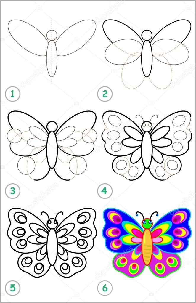662x1023 Page Shows How To Learn Step By Step To Draw A Butterfly. Stock