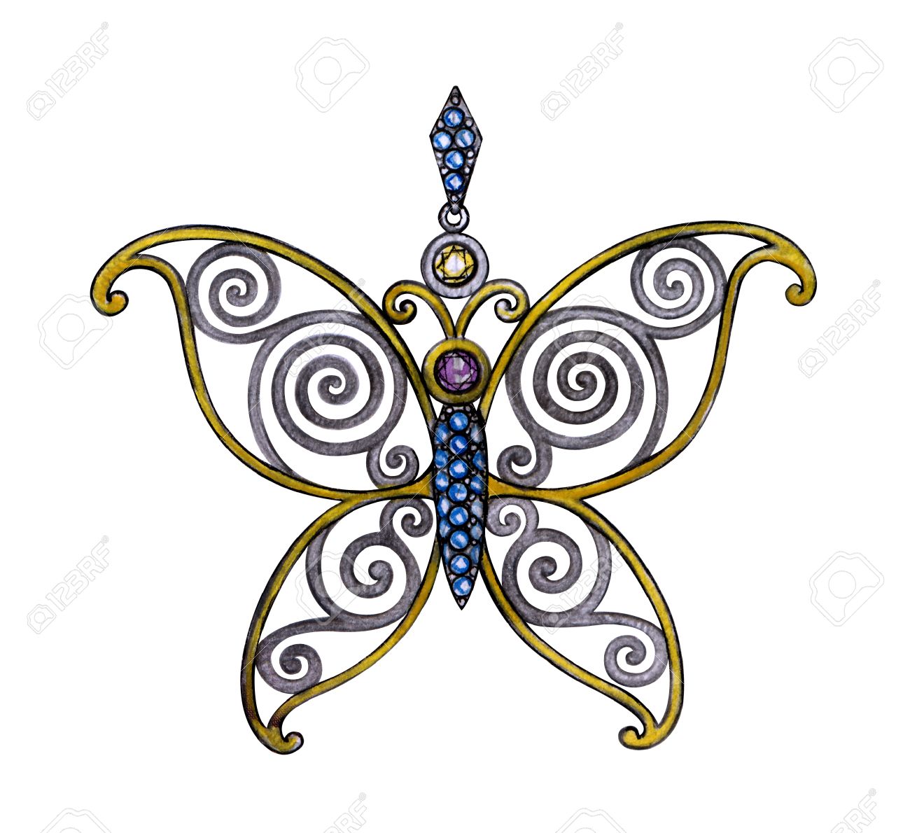 1300x1190 Jewelry Design Butterfly Mix Vintage Pendant. Hand Drawing
