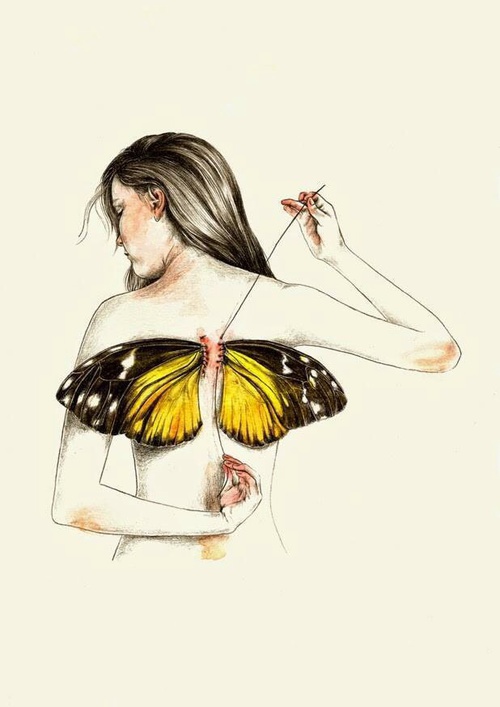 500x707 Art, Beautiful, Butterfly, Drawing, Girl, Stitches, Vintage, Wings